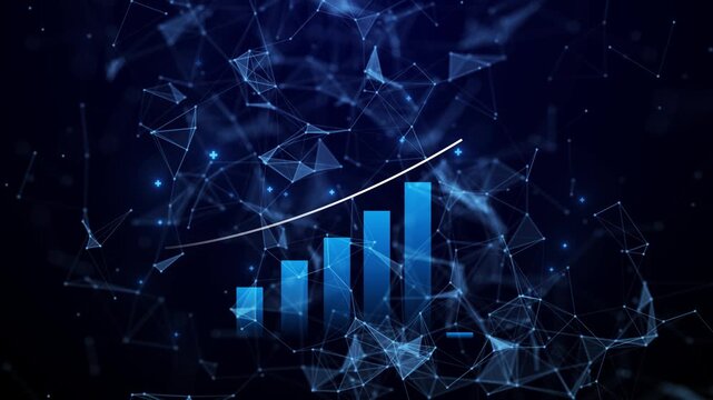 Futuristic digital showing a glowing blue bar graph with an upward arrow representing business growth, success, and progress. The background features abstract polygonal network connections.