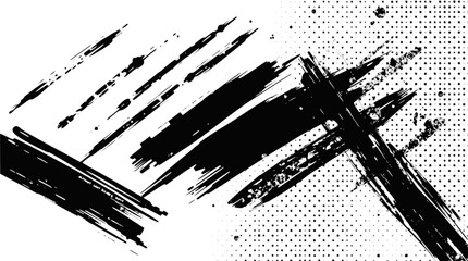 Abstract black brush strokes and halftone pattern on