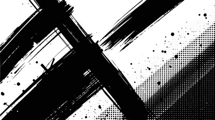 Abstract black brush strokes and halftone pattern on
