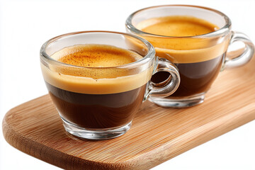 Two glass cups of espresso coffee on bamboo board
