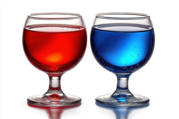 Two glasses of red and blue liquid on white background