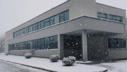 Modern Industrial Building Covered in Snow During Winter Storm.