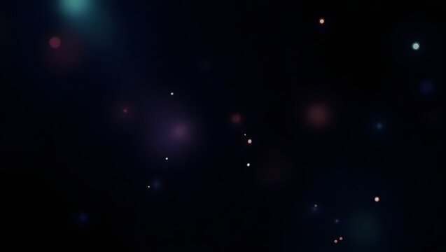 Ethereal Abstract Bokeh Background: Dark Gradient Night Sky with Floating Shimmering Colorful Particles (Teal, Magenta, Orange) and Subtle Digital Light Leaks – Elegant, Cosmic, Festive Design Element