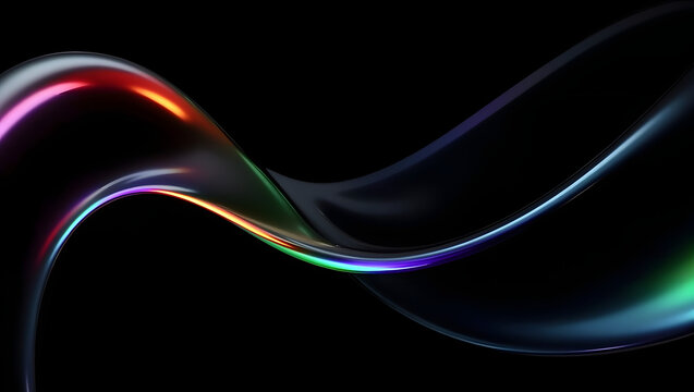 Black dark abstract background. Iridescent fluid glass wave. Prism shape 3D render. Smooth curve transition. Rainbow light flare. Bright glow shimmer. Neon metallic futuristic blur texture
 - Powered by Adobe