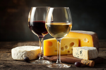 Two glasses of wine and cheese on wooden table with dark background