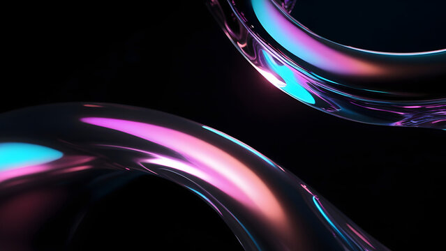 Black dark abstract background. Iridescent fluid glass wave. Prism shape 3D render. Smooth curved transition. Rainbow light reflection. Bright glow shimmer. Neon metallic futuristic blur texture