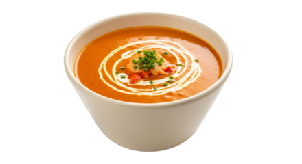 Indulge in a bowl of rich and creamy tomato soup, a flavorful delight to warm your soul with every delicious spoonful.