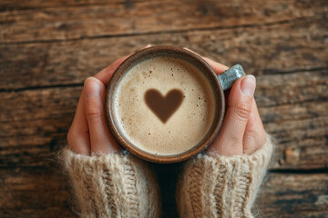 Woman hands holding coffee mug with heart shape on wooden table