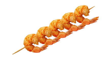 A mouthwatering skewer featuring golden-fried shrimp, each piece coated in a crispy batter, ready to be devoured.