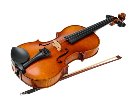 Wooden string instrument with bow, resting on black background