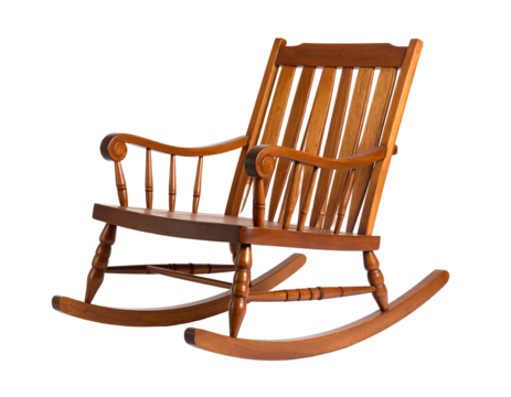 Warm wooden rocking chair with turned spindles and curved arms