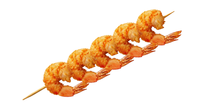 A mouthwatering skewer featuring golden-fried shrimp, each piece coated in a crispy batter, ready to be devoured.