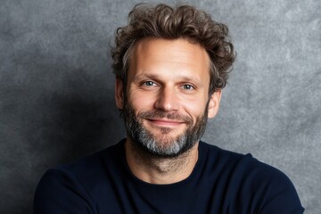 Obraz premium Smiling man poses in front of a gray background with a dark blue sweater, looking directly at the camera.