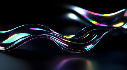 Black dark abstract background. Iridescent fluid glass wave. Prism shape 3D render. Smooth curve transition. Rainbow light flare. Bright glow shimmer. Neon metallic futuristic blur texture
