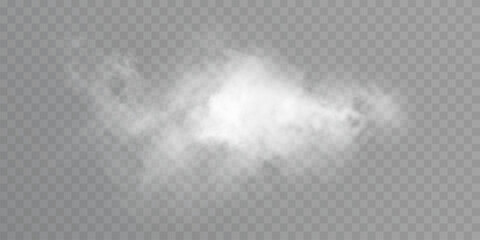 Naklejka premium Realistic soft white smoke cloud on transparent background, airy mist element for weather, magic, explosion or decor scenes.
