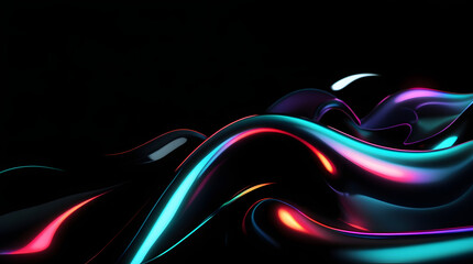 Black dark abstract background. Iridescent fluid glass wave. Prism shape 3D render. Smooth curve...