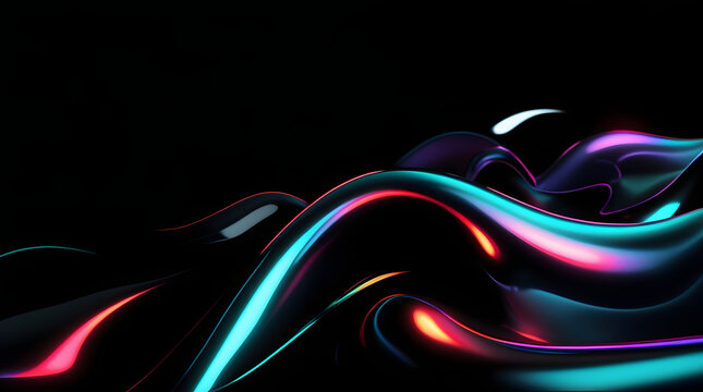 Black dark abstract background. Iridescent fluid glass wave. Prism shape 3D render. Smooth curve transition. Rainbow light flare. Bright glow shimmer. Neon metallic futuristic blur texture
