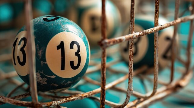 Worn Numbered Bingo Balls in Cage