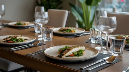 Fototapeta premium Elegant table setting with gourmet food and crystal glassware