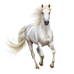 Fototapeta premium Majestic white stallion running with a flowing mane and tail captured in a dynamic pose transparent background
