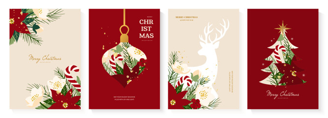 Modern Christmas card set featuring reindeer, poinsettia and holiday decorations in an elegant red and gold palette. Vector illustration