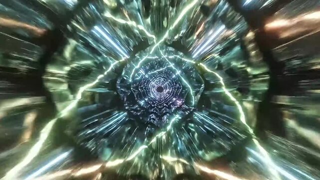 A vibrant, abstract journey through a futuristic digital tunnel, characterized by dynamic streaks of light and a constantly evolving, crystalline core. The video depicts an exhilarating sense of motio