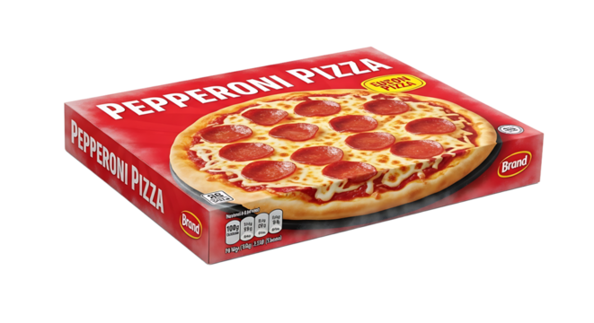 A vibrant red box showcases a frozen pepperoni pizza, promising a delicious and convenient meal for pizza lovers.