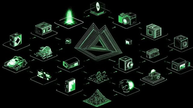 Neon Network: Abstract Conceptual Model Connecting Elements Through Digital Pathways