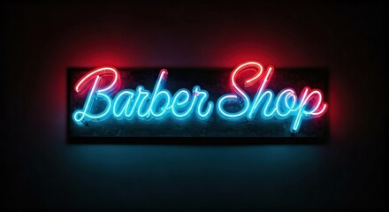 Illuminated sign in script font, "Barber Shop," glowing neon red and cyan against dark backdrop