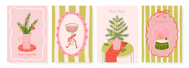 Fototapeta na wymiar Cozy Christmas cards featuring a little fir tree, a glass with a bow, fir branches in a pitcher, and a snow globe. A collection of hand-drawn, trendy illustrations.
