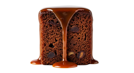 Rich date cake slice getting a decadent caramel drizzle that enhances its moist crumb and the sweetness of the dates.