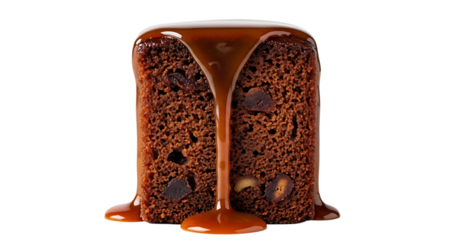 Rich date cake slice getting a decadent caramel drizzle that enhances its moist crumb and the sweetness of the dates.