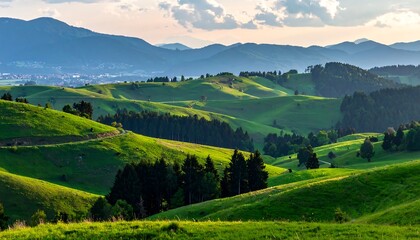 Fototapeta premium Rolling green hills dotted with trees, under a cloudy sky, with distant mountains providing a serene backdrop