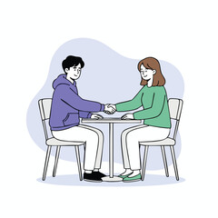 Flat line illustration of two people shaking hands across a table for business agreement or partnership concept.