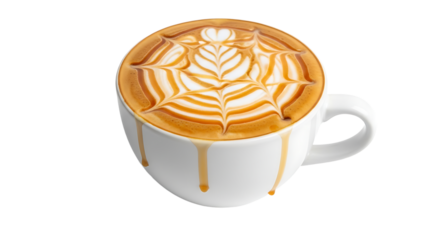 A beautifully decorated cup of hot coffee featuring latte art with dripping caramel on a clean, transparent background.