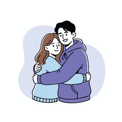 Happy young couple hugging tightly in a friendly flat illustration style.
