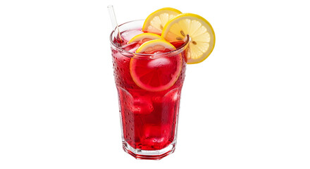 Refreshing red beverage in glass filled with ice and adorned with lemon slices; straw for enjoyment.