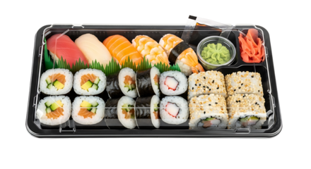 Assorted sushi platter with tuna, salmon, shrimp, and crab stick rolls presented in a clear plastic container.