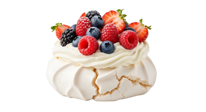 Exquisite pavlova: crisp meringue, light cream, and vibrant berries create a symphony of flavors in every single bite. - Powered by Adobe
