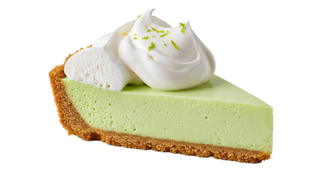 A delicious slice of key lime pie with a graham cracker crust, creamy filling, and a topping of whipped cream.