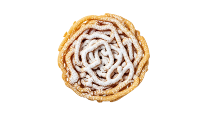 Aerial shot of a delicious funnel cake, generously sprinkled with powdered sugar on a contrasting transparent background.