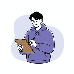 Young man in a purple hoodie seriously reviewing documents on a clipboard, flat vector illustration.