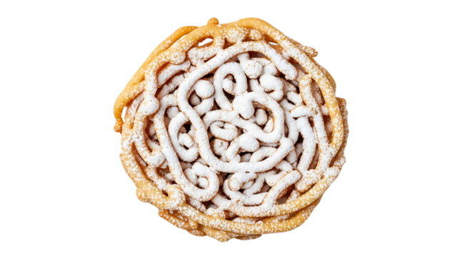 Aerial view of a funnel cake, showcasing its intricate fried dough pattern and generous dusting of powdered sugar on top.