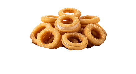 A tempting stack of deep-fried onion rings, crispy and golden. Perfect as a side or snack, they're a delicious comfort food!