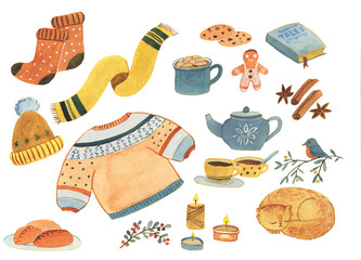 Watercolor illustrations set on autumn and winter theme. Socks, sweater, cookies, cocoa, candles, gingerbread.Cosy illustrations hand drawn for wrapping paper, wallpaper, fabric, stickers.