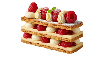 Decadent mille-feuille, a pastry masterpiece, layers of crisp puff pastry, luscious cream, and fresh raspberries.