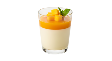 Delicious mango panna cotta served in glass, garnished with fresh mint, a delightful and light dessert.