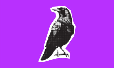 Vintage crow silhouette. Gothic symbol of mystery, wisdom. Surreal eerie dark bird sticker with dot texture.