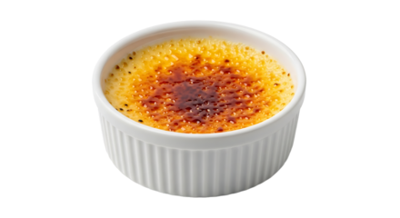 A delectable crème brûlée in a white ramekin, showcasing its smooth, custard base and brittle caramelized sugar crust.