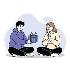 Flat vector illustration of a young man giving a blue gift box to a grateful woman sitting cross-legged.